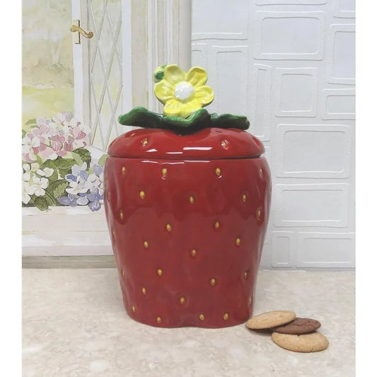 Strawberry Shaped Hand Painted Ceramic Cookie Jar