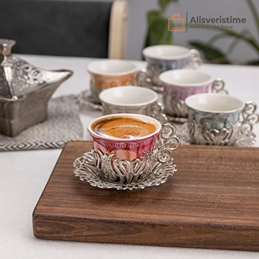 Coffee Espresso Cup Saucer Porcelain Set Silver