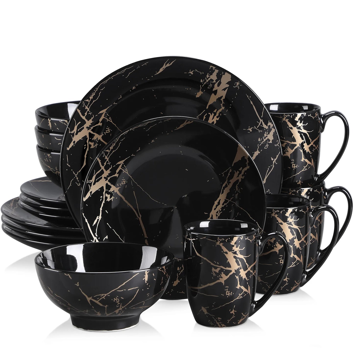 Black Porcelain Dinnerware Set Gold Splash