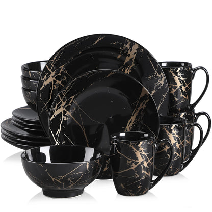 Black Porcelain Dinnerware Set Gold Splash