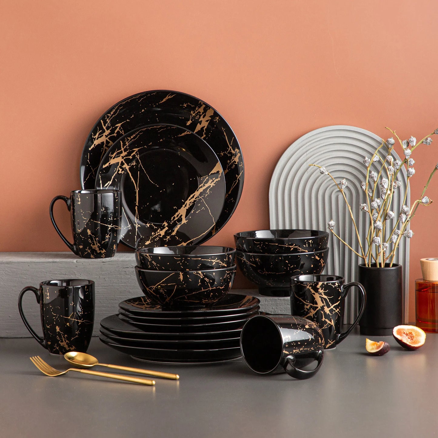 Black Porcelain Dinnerware Set Gold Splash