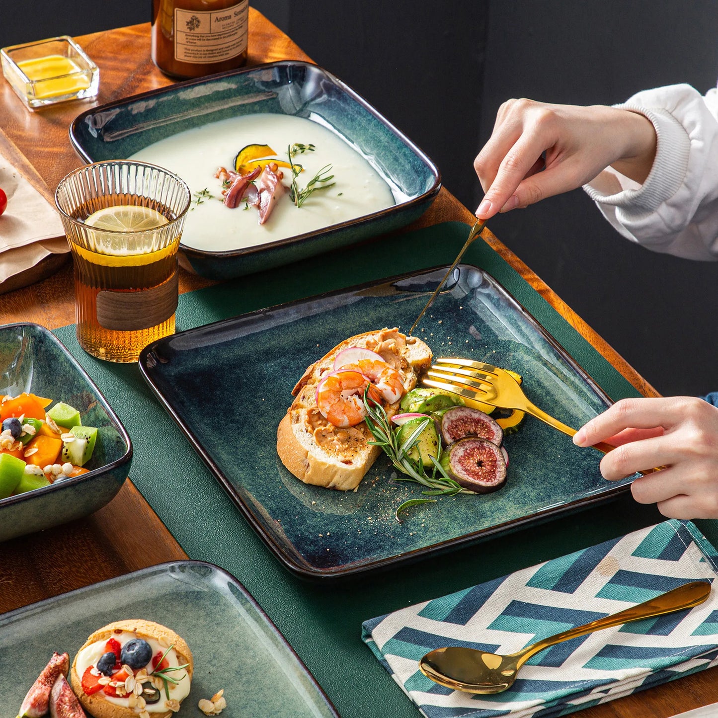 Dinner Set Green Square Kiln Glaze Tableware