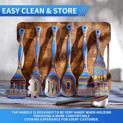 Seven Piece Blue Pakkawood Wooden Cooking Utensils