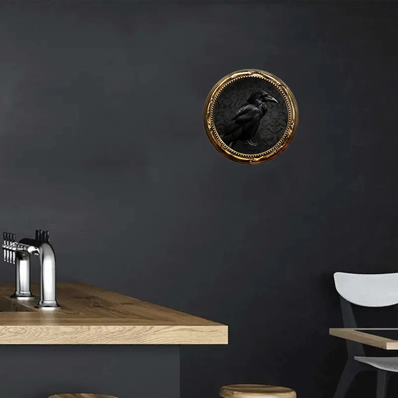 Metal Raven Art Print In Golden Frame