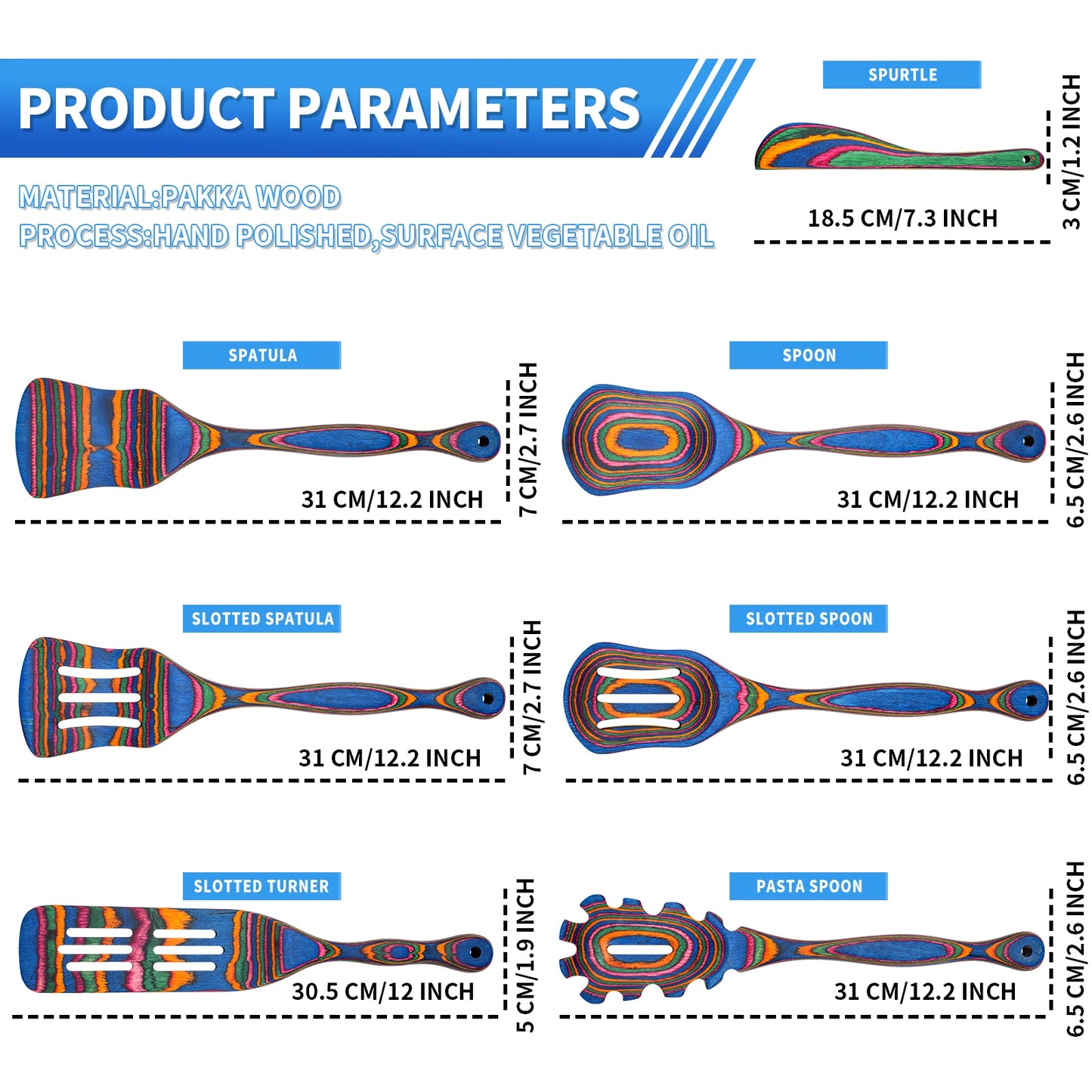 Seven Piece Blue Pakkawood Wooden Cooking Utensils