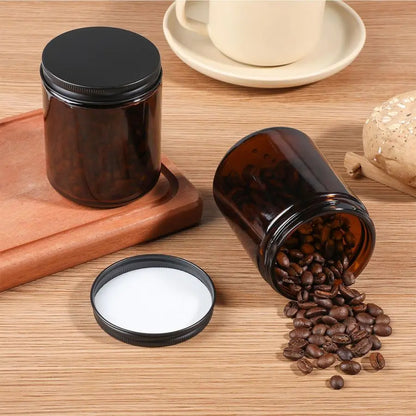 Thick Amber Round Glass Jars With Black Lids