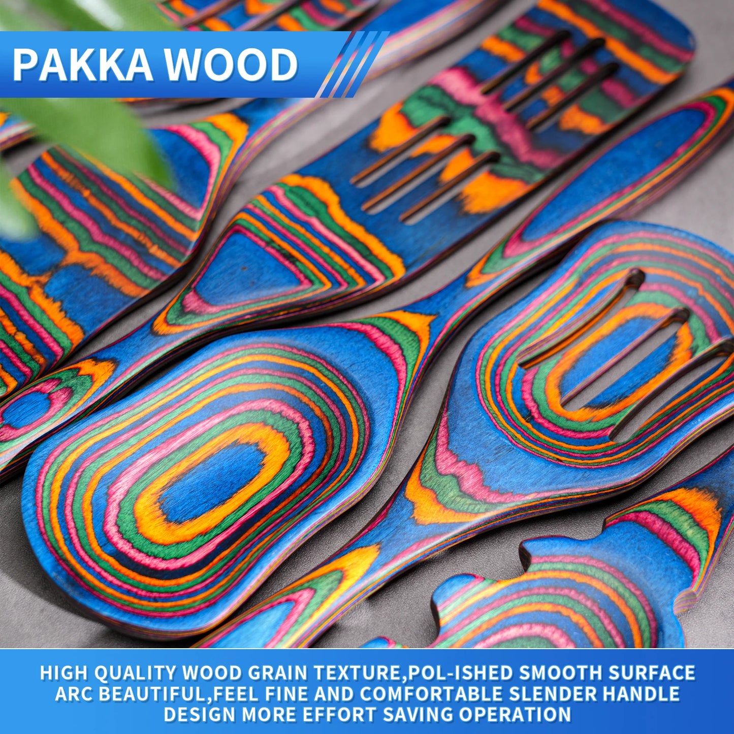 Seven Piece Blue Pakkawood Wooden Cooking Utensils