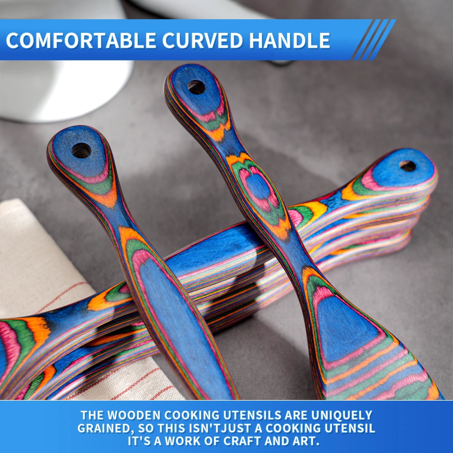 Seven Piece Blue Pakkawood Wooden Cooking Utensils