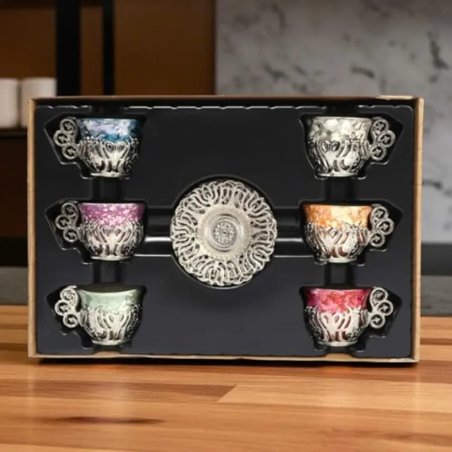 Coffee Espresso Cup Saucer Porcelain Set Silver