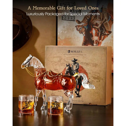 Horse Whiskey Decanter With Two Cowboy Glasses