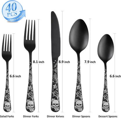 Black Skull Pattern Flatware Set For Eight