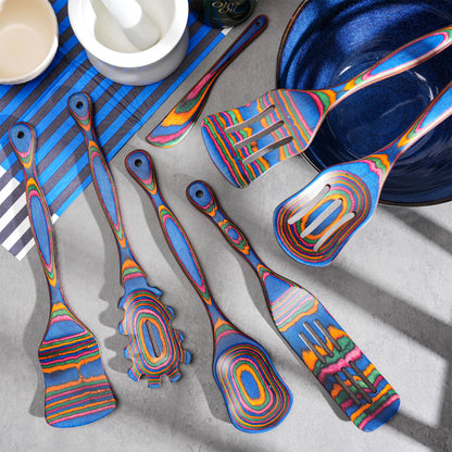 Seven Piece Blue Pakkawood Wooden Cooking Utensils