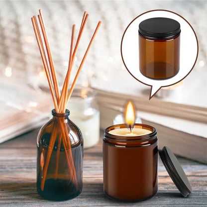 Thick Amber Round Glass Jars With Black Lids