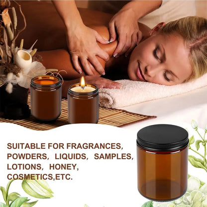 Thick Amber Round Glass Jars With Black Lids