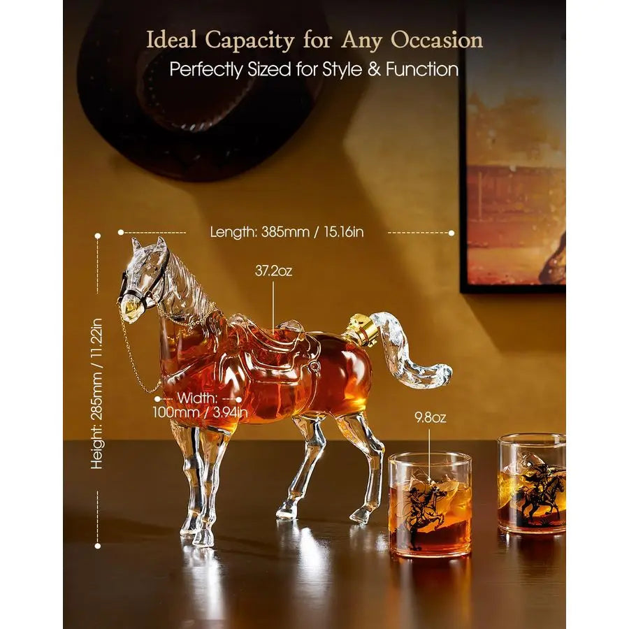 Horse Whiskey Decanter With Two Cowboy Glasses