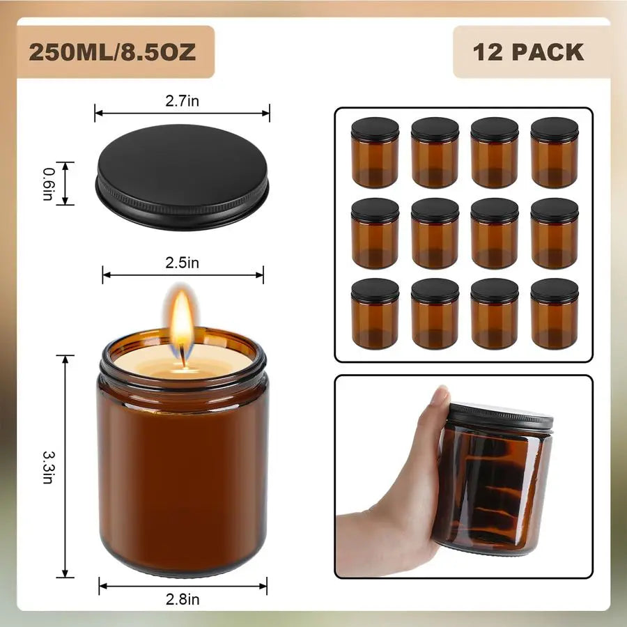 Thick Amber Round Glass Jars With Black Lids